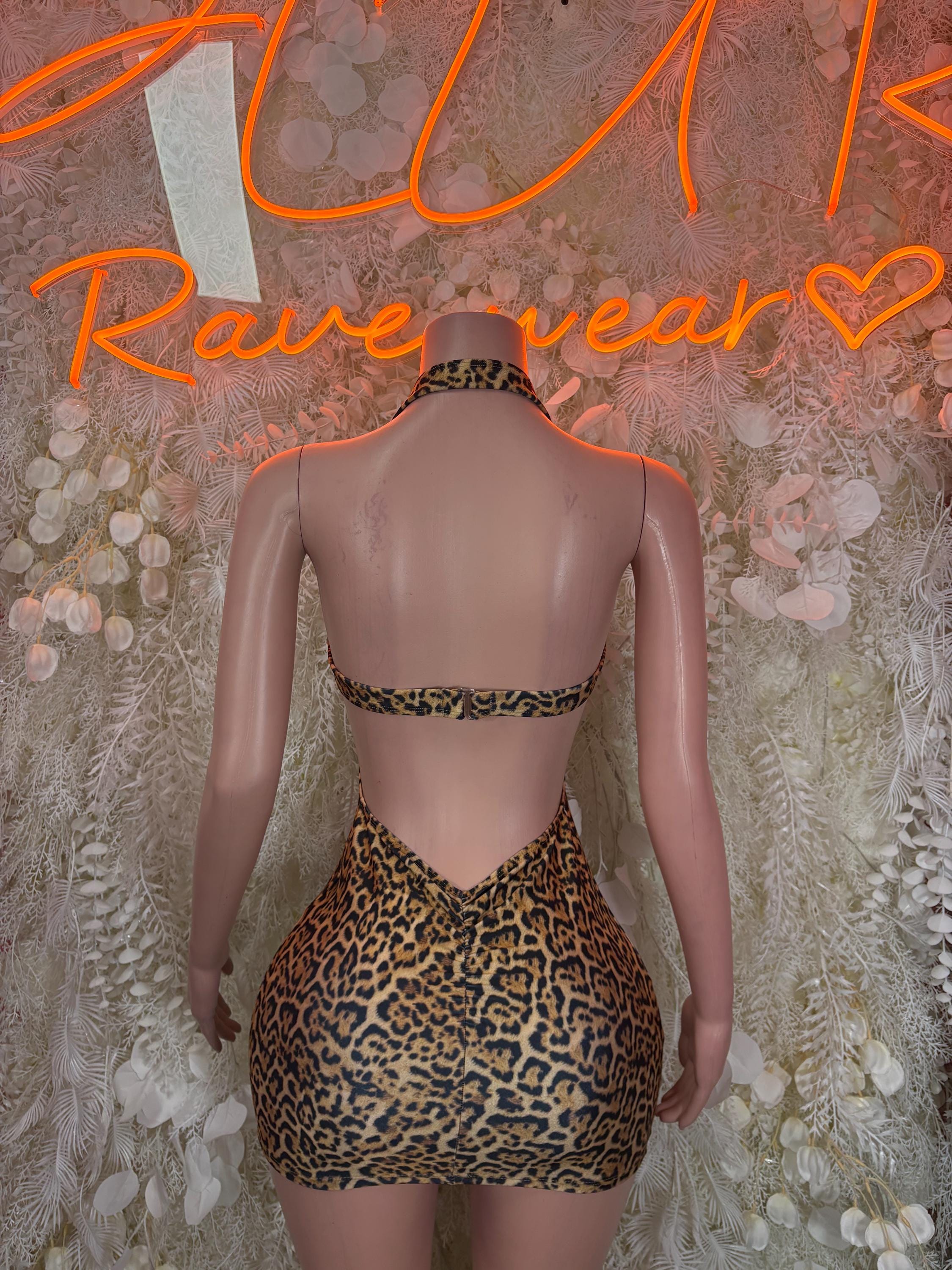 Leopard print halter dress with open back and low back cutout