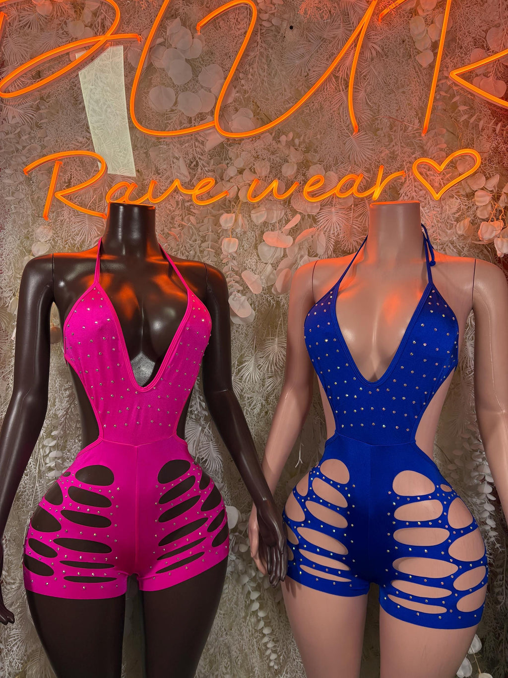 Rhinestone mini bodysuits: pink and blue V-neck with front cutout ladder panels