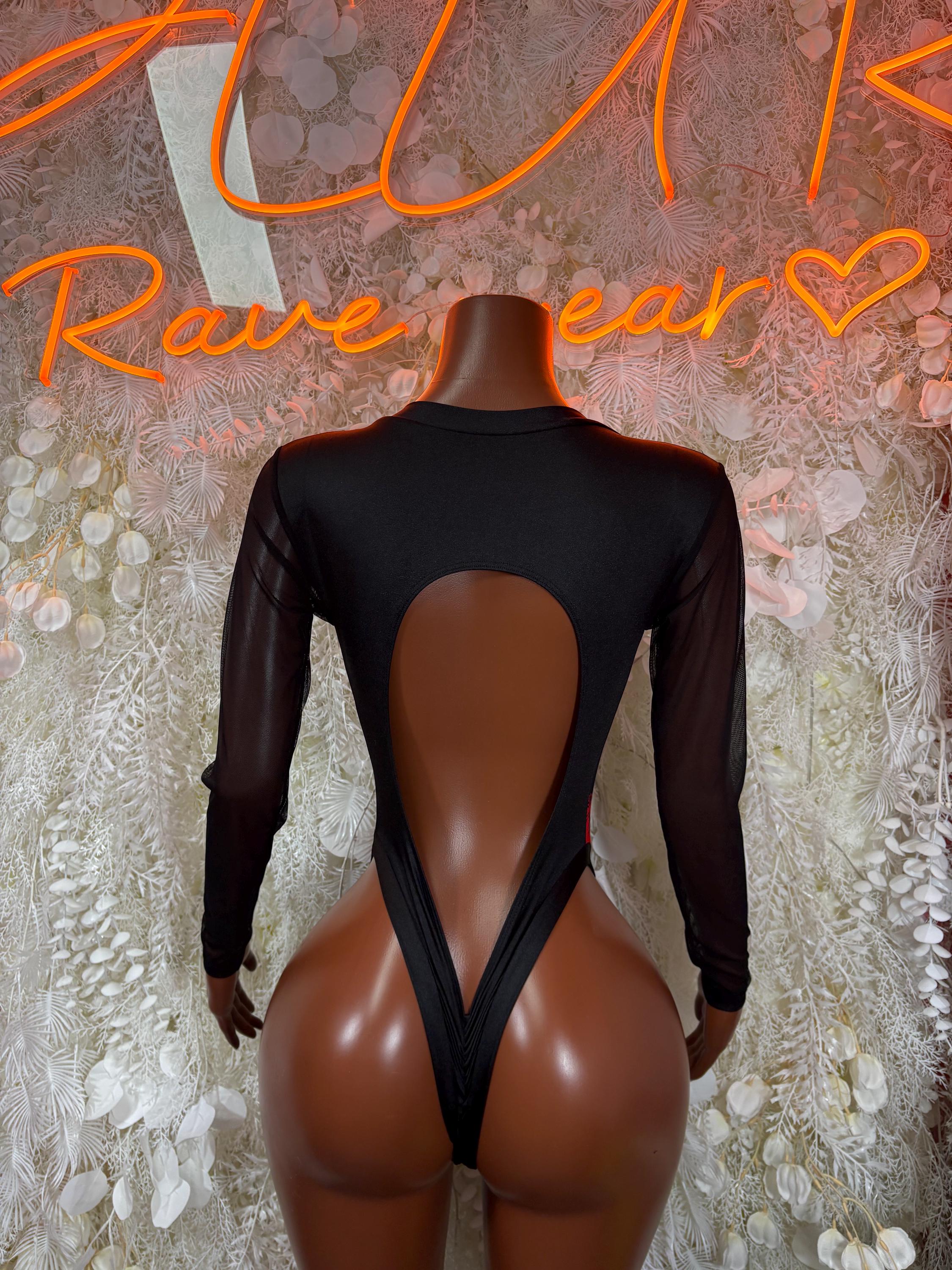 Black sheer long-sleeve bodysuit with open back teardrop cutout