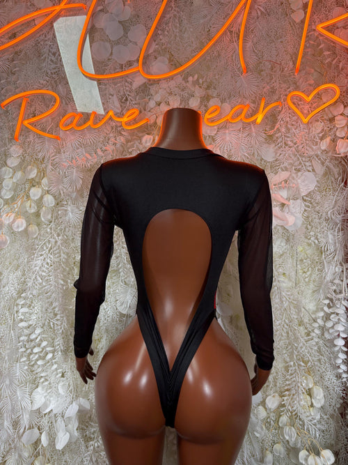 Black sheer long-sleeve bodysuit with open back teardrop cutout