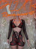 Black sheer long-sleeve romper bodysuit with red heart print and lace-up front