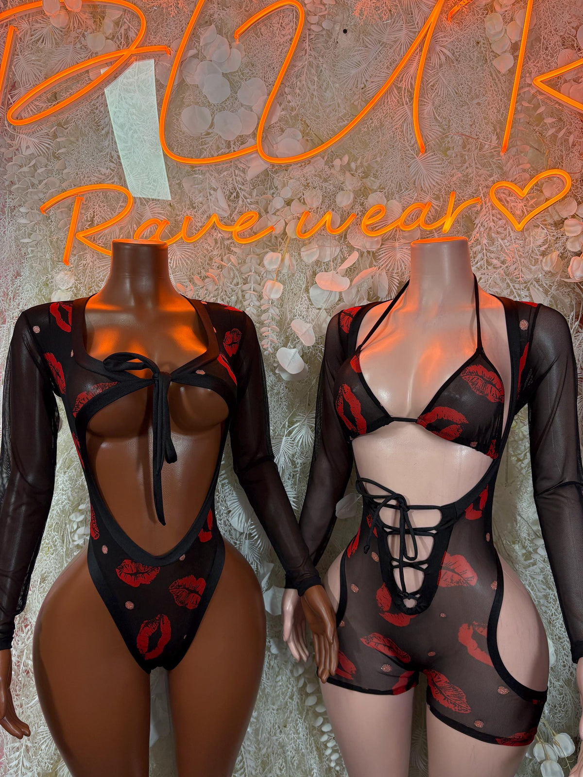 Black sheer bodysuit set showing front and back, lace-up red heart print