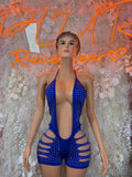 Blue rhinestone cutout bodysuit, front halter with U-neck and side ring cutouts