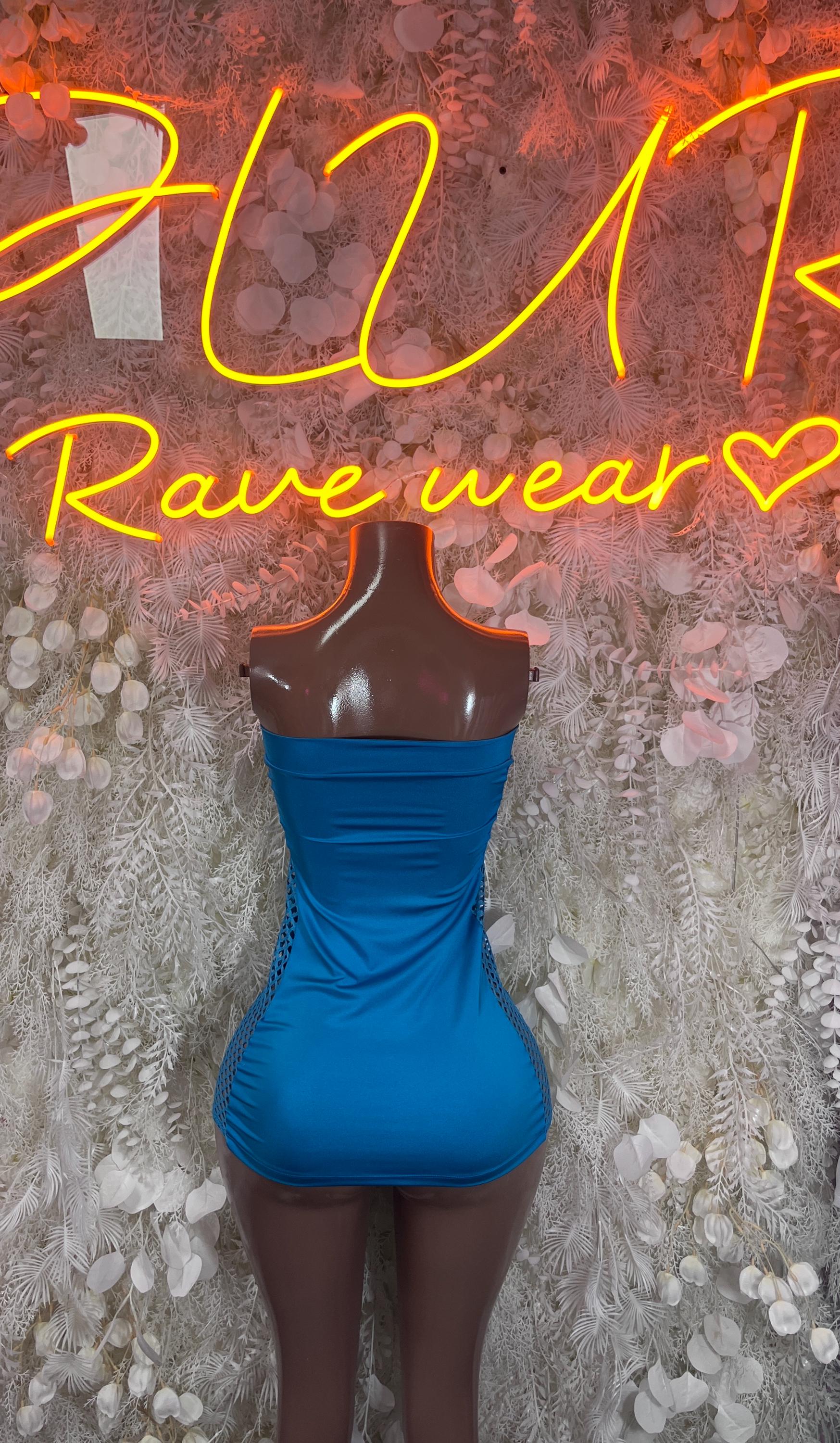 Blue strapless mini dress with straight neckline, ruching at bust and waist