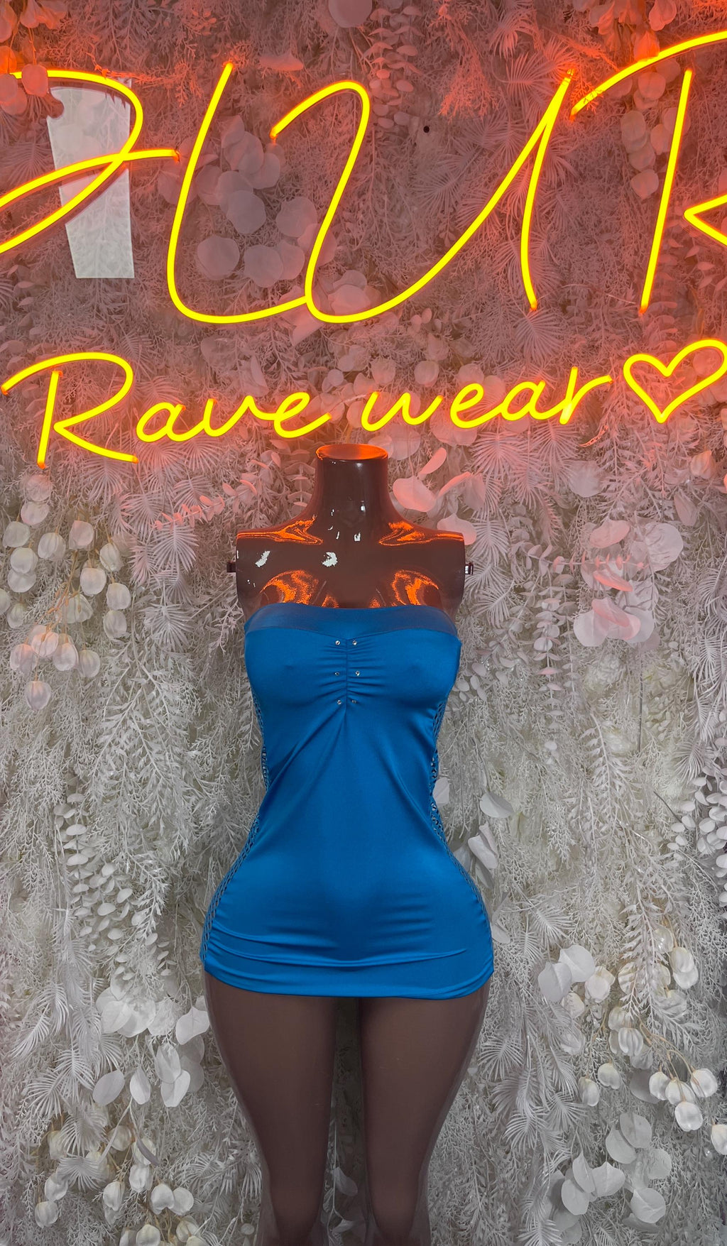 Blue strapless mini one-piece dress with ruched bust and gathered waist