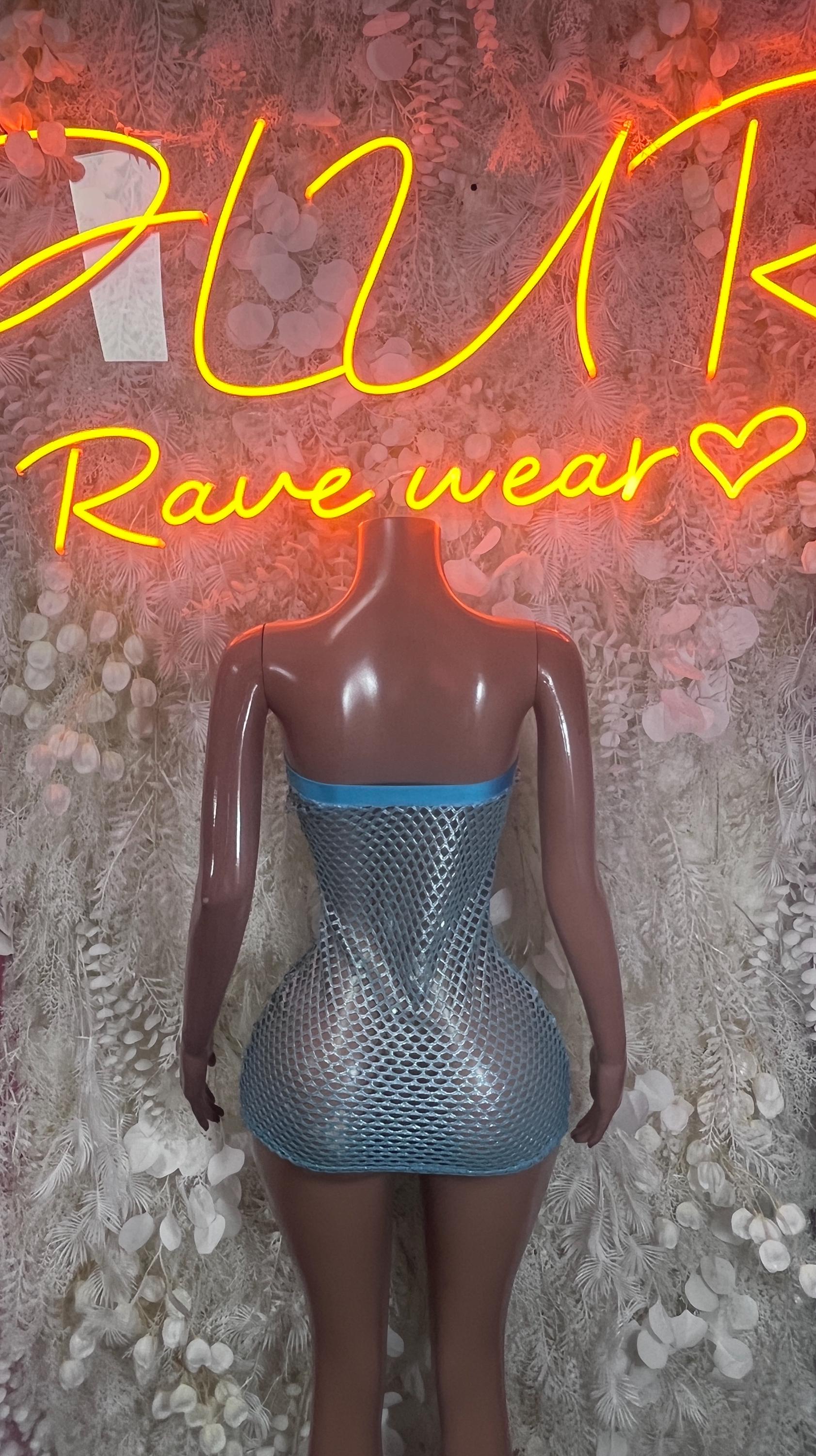 Blue fishnet mini dress with scooped neckline, sleeveless one-piece