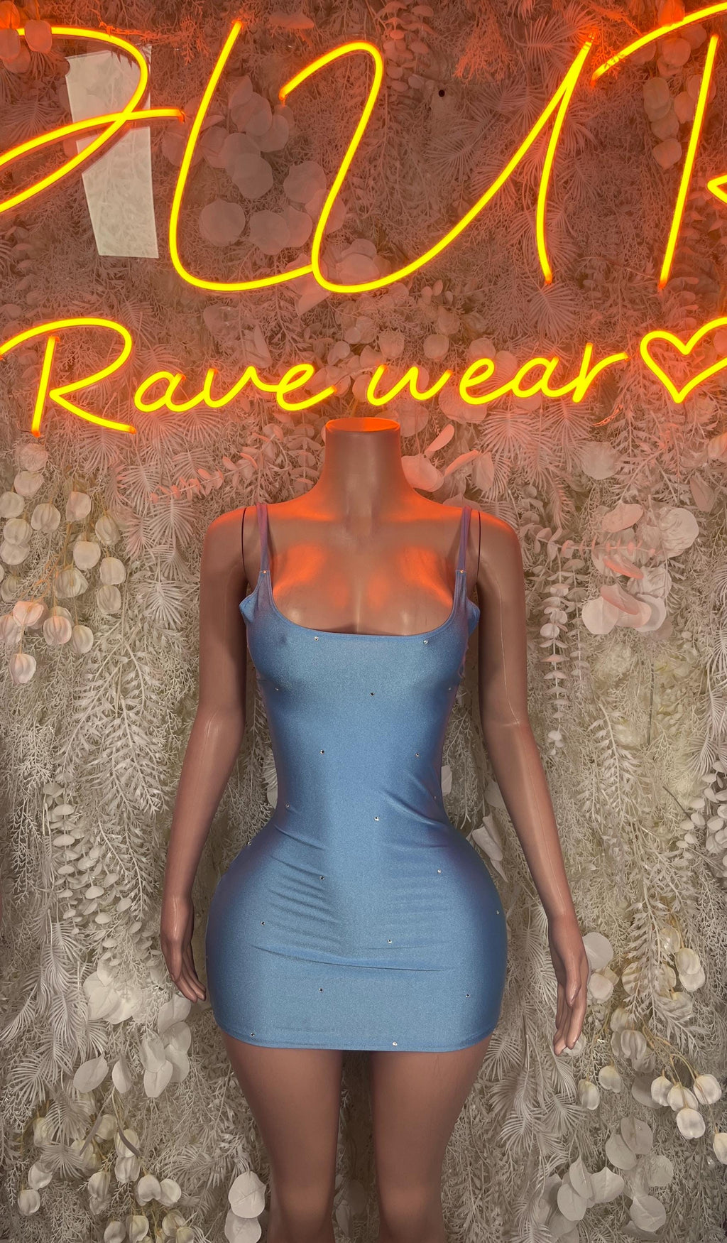 Baby blue one-piece bodycon dress with square neckline and thin straps