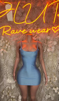 Baby blue one-piece bodycon dress with square neckline and thin straps
