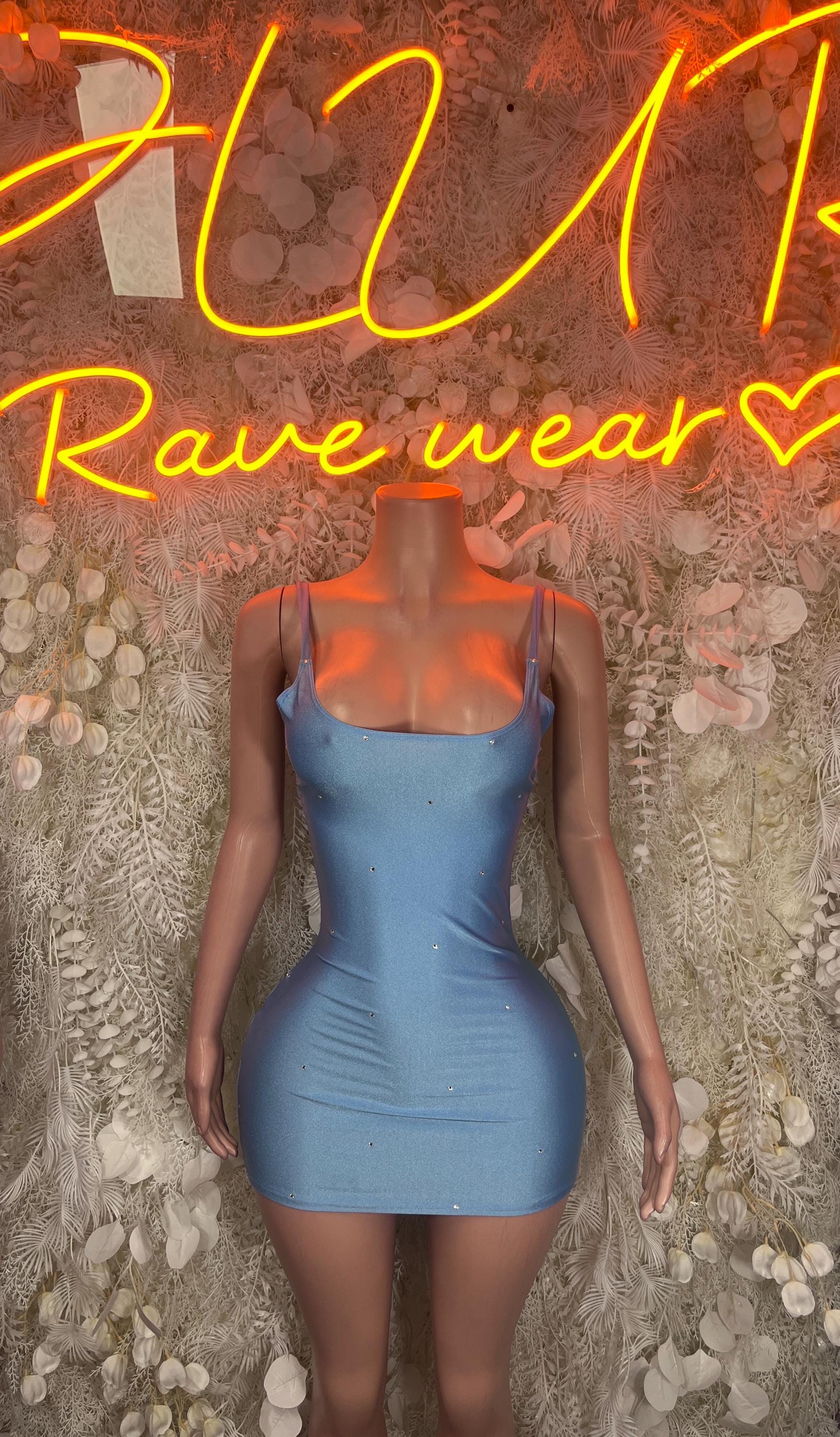 Baby blue one-piece bodycon dress with square neckline and thin straps