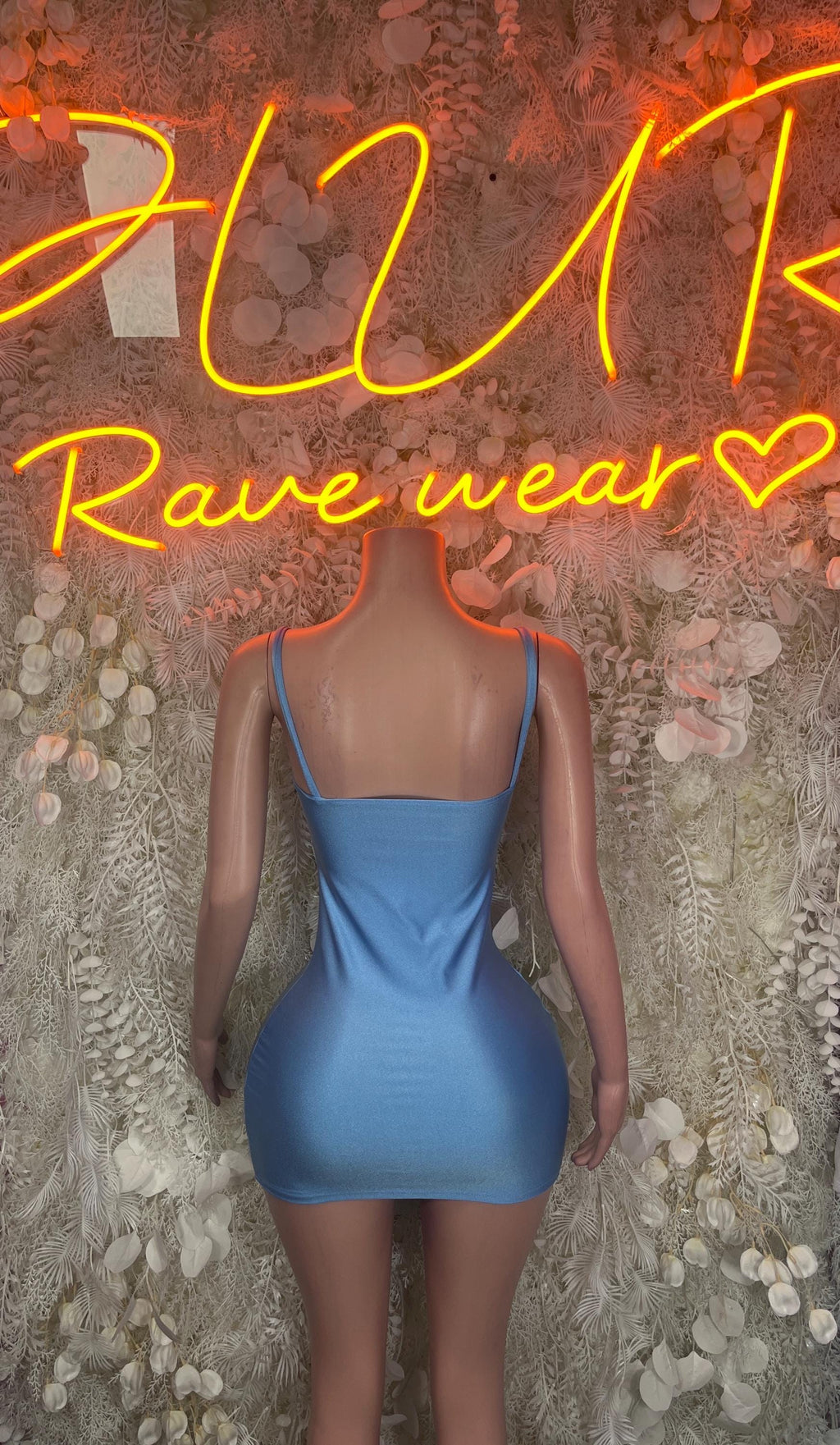 Baby blue one-piece bodycon mini dress with square neckline and thin straps