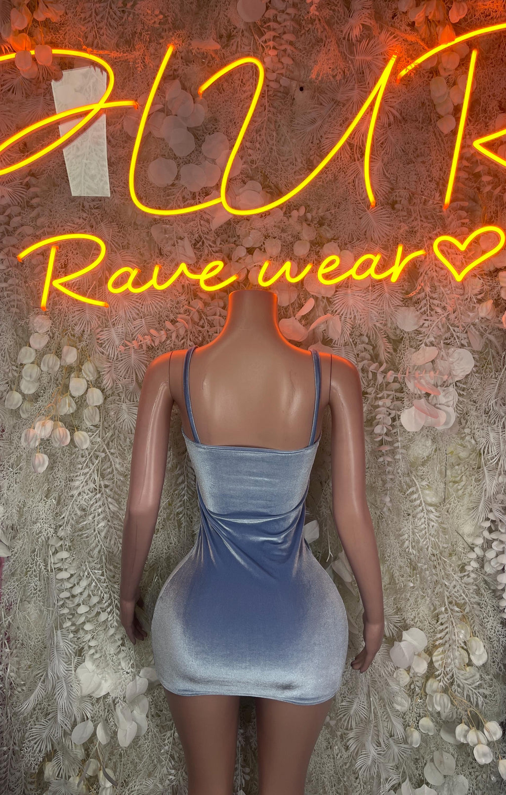 Blue velvet bodycon mini dress with spaghetti straps, open back