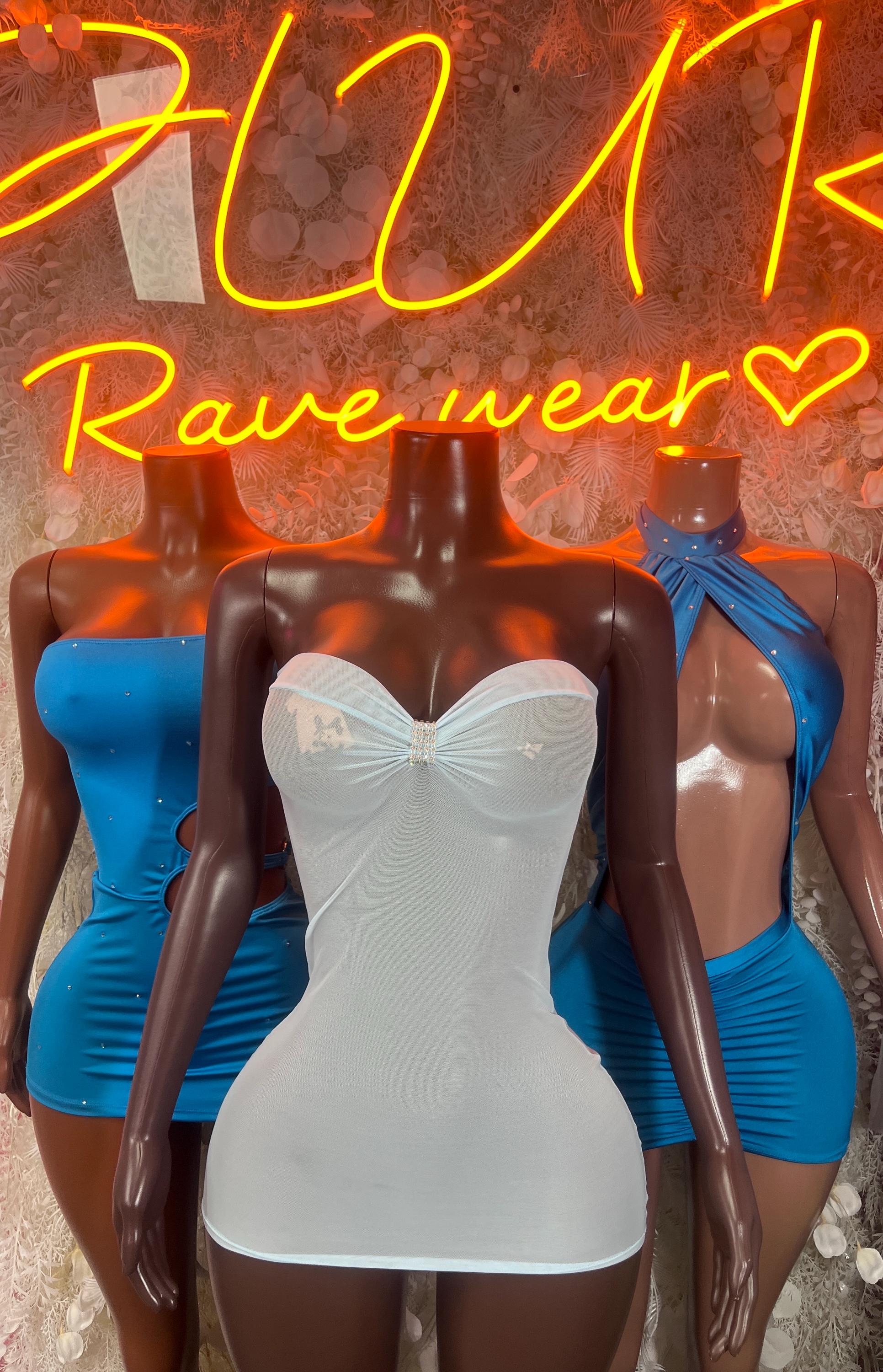 White corset-style mini dress with sweetheart neckline and pleated sides