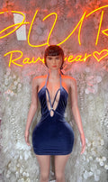 Blue velvet one-piece mini dress, halter tie neckline and keyhole cutout, fitted bodycon