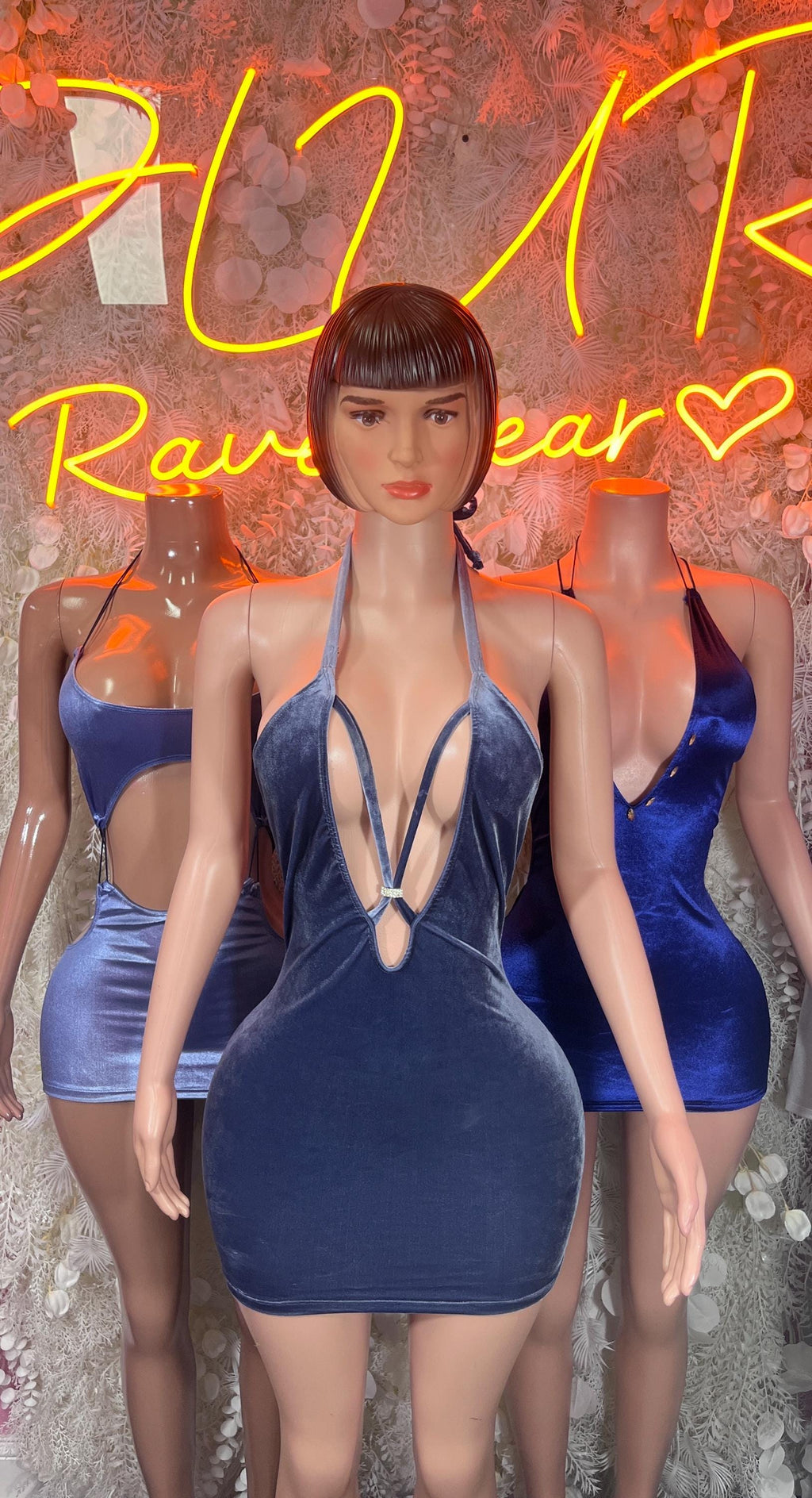 Blue velvet mini dress with halter neck tie, keyhole cutout, sleeveless fitted bodycon