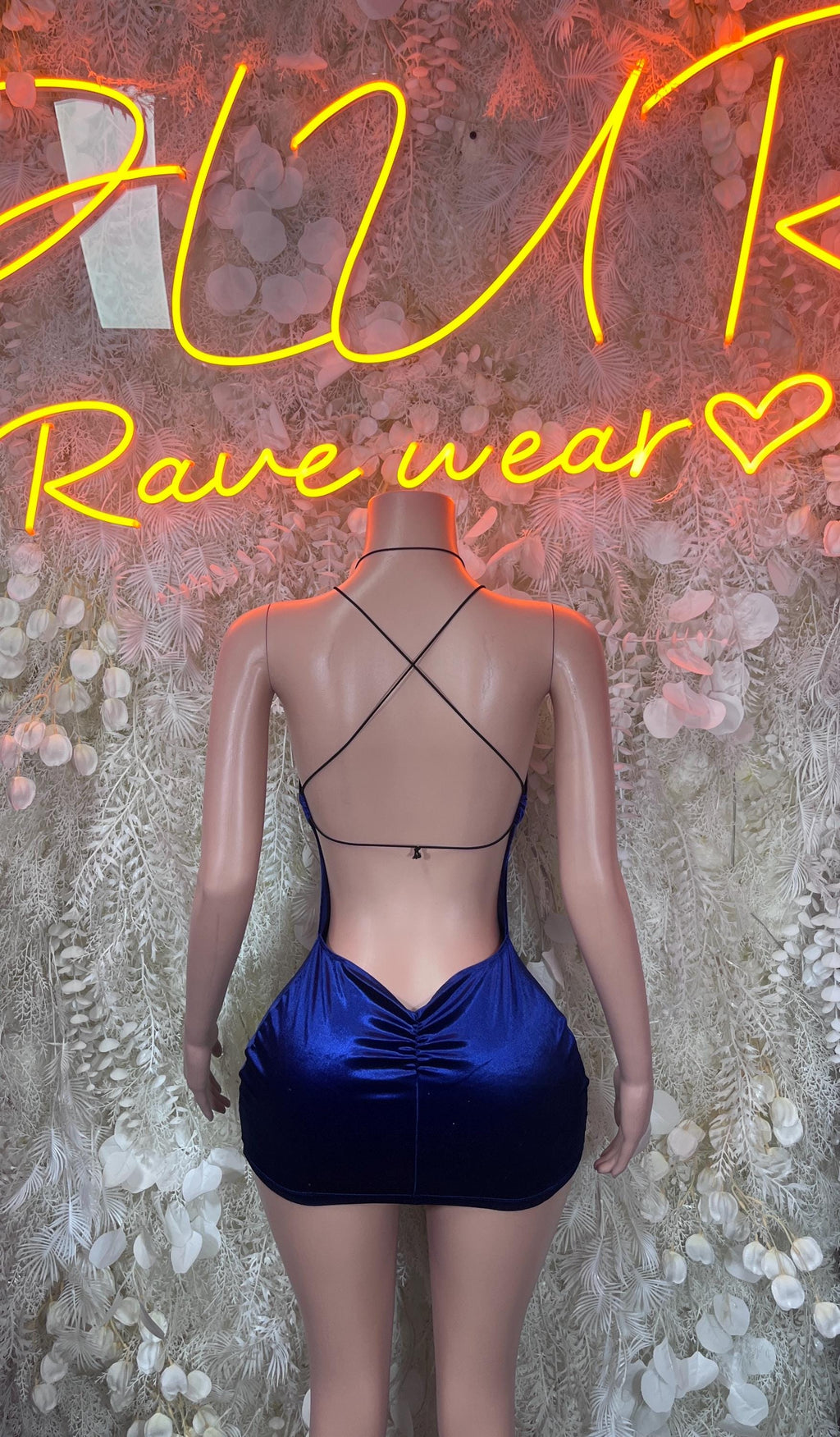 Blue metallic one-piece club dress, crisscross back and thin straps