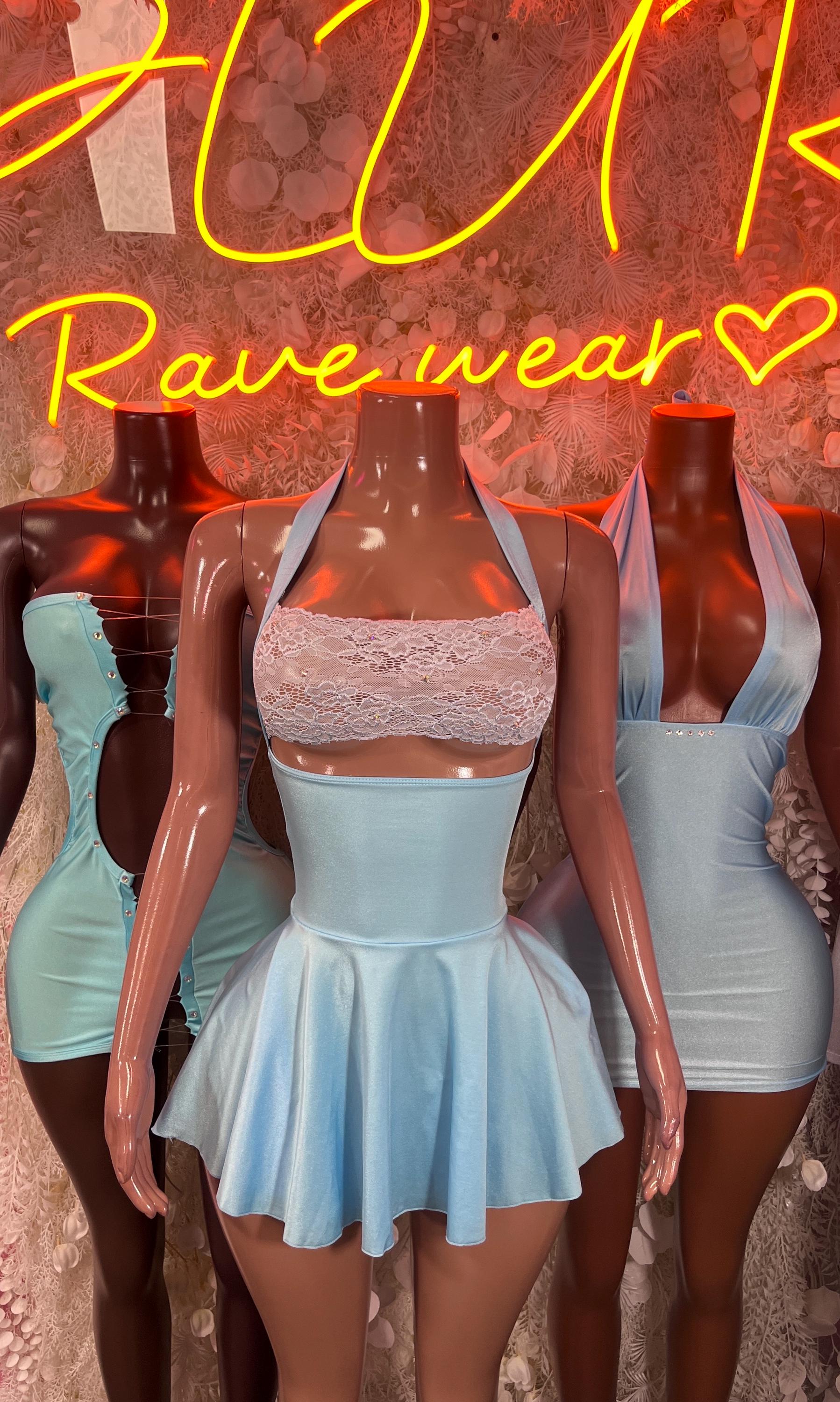 Light blue ruffled mini dress with lace bodice and sleeveless skirt