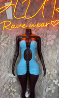 Light blue ruffled mini dress with lace-trimmed bodice and bow-tied back