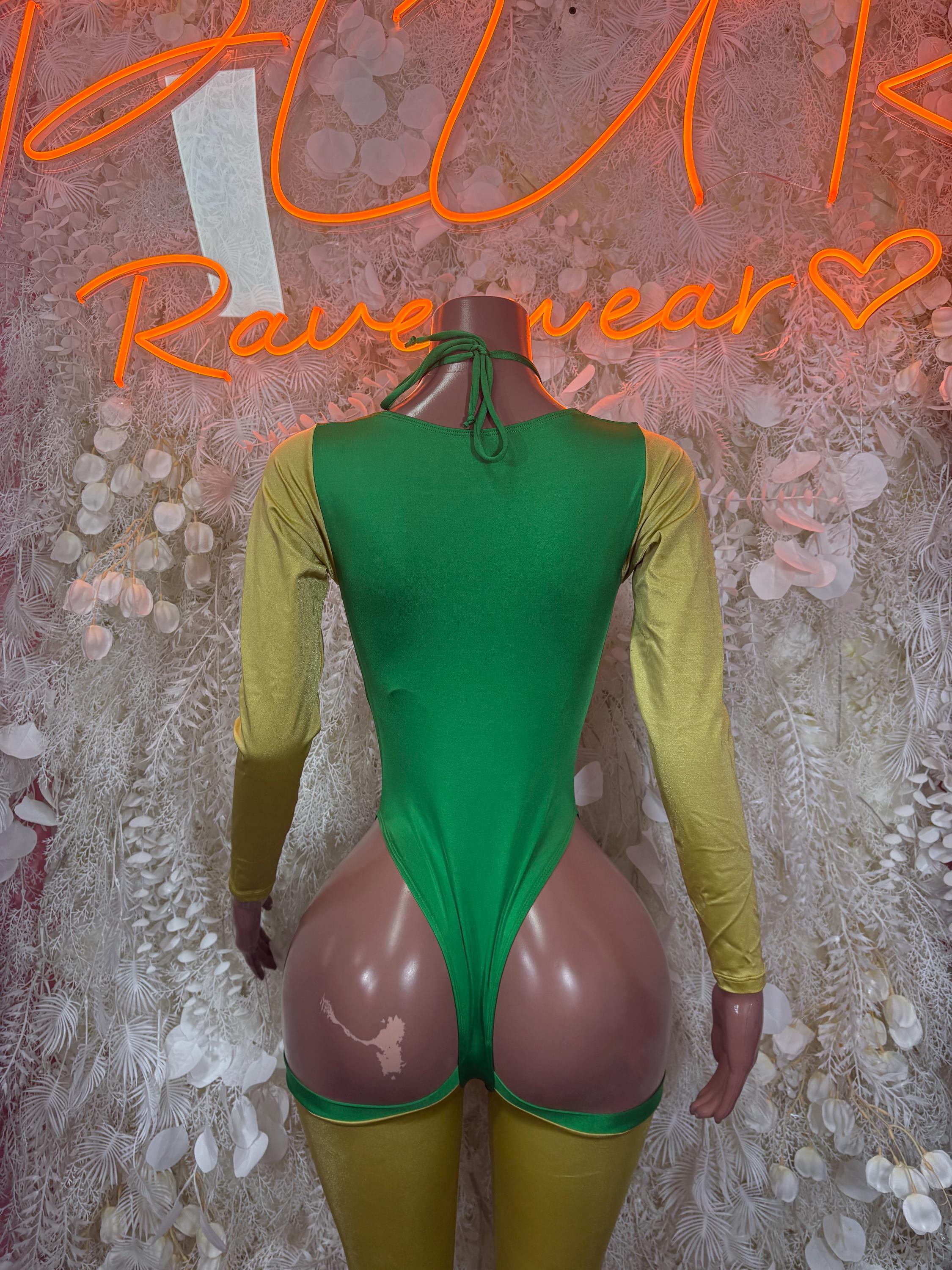 Green one-piece with long olive sleeves, deep V front, and matching thigh straps