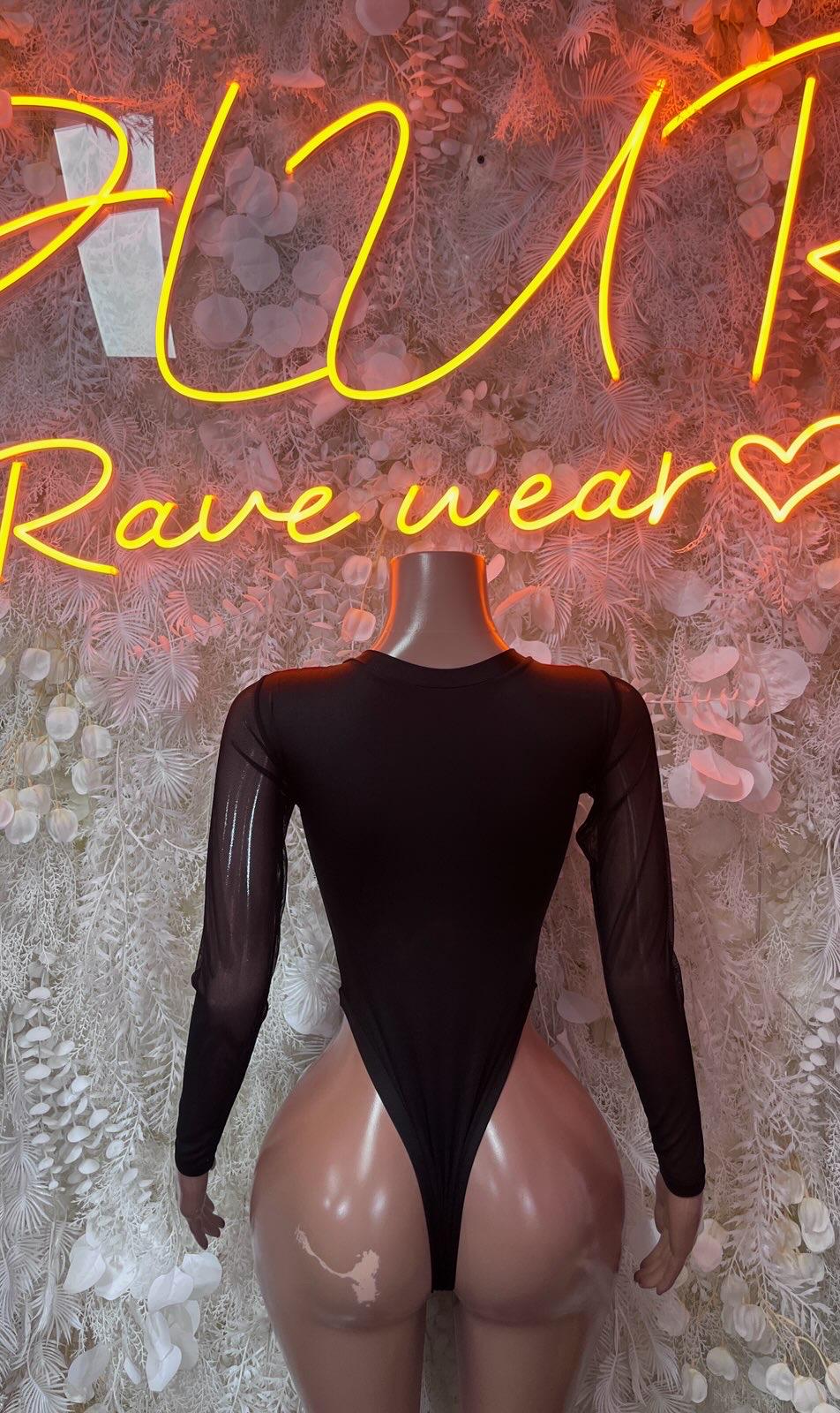 Solid black long-sleeve bodysuit with high-cut one-piece back