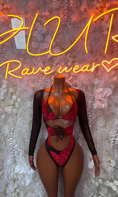 Red lace sweetheart thong bodysuit with sheer black long sleeves and tie back