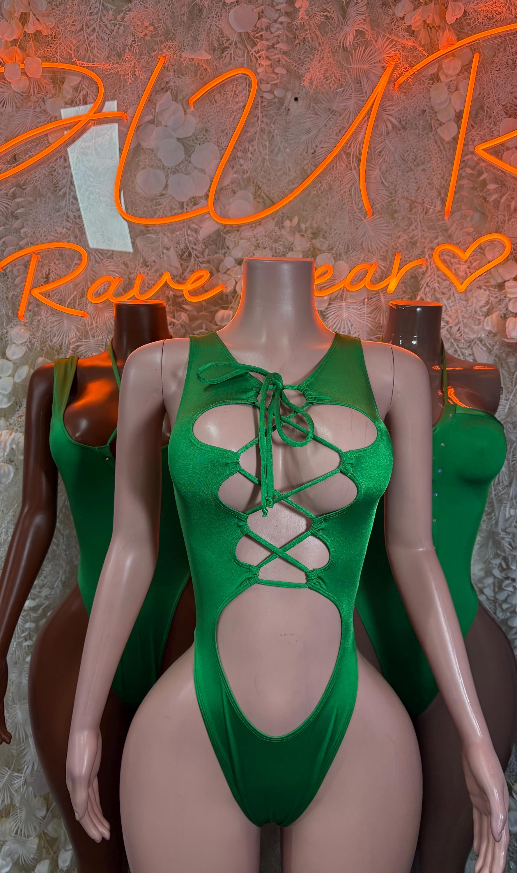 Green lace-up one-piece bodysuit with ribbon-tie neckline and center cutout