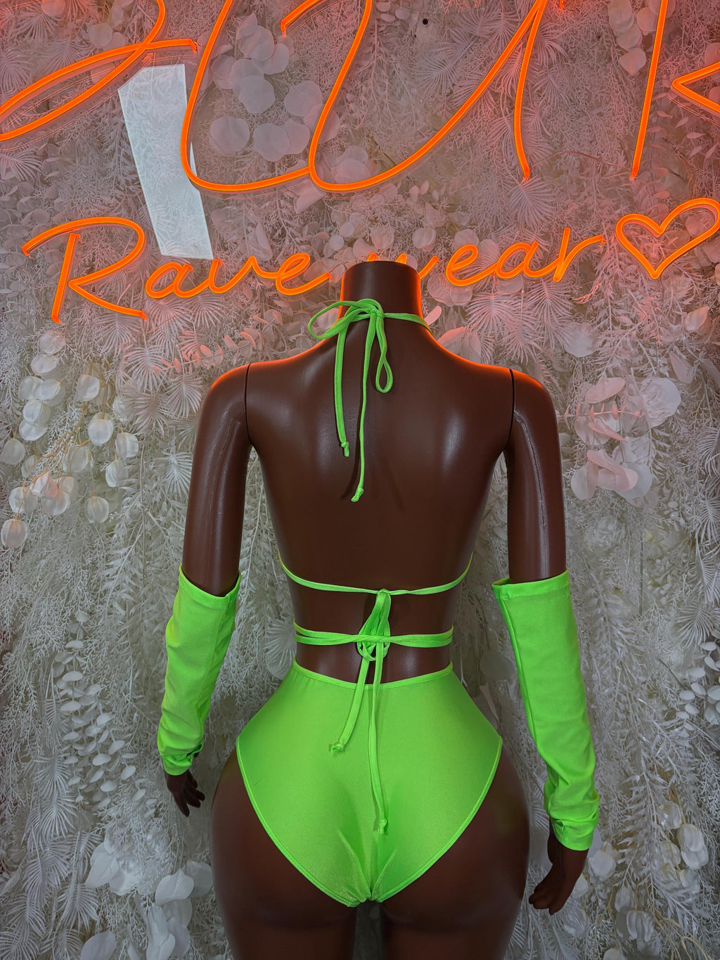 Neon green rave two-piece festival outfit, backless string tie design, long sleeves