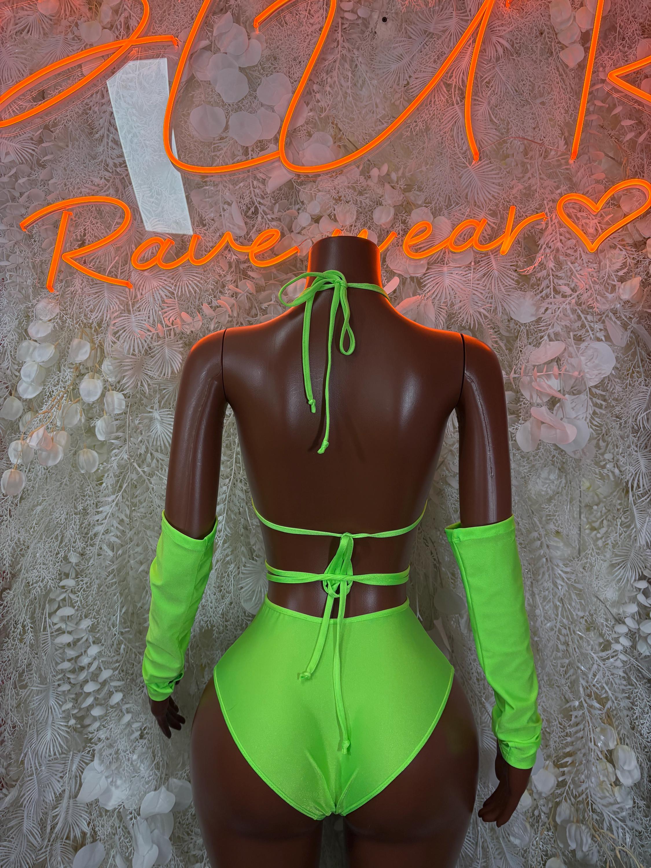 Neon green rave two-piece festival outfit, backless string tie design, long sleeves
