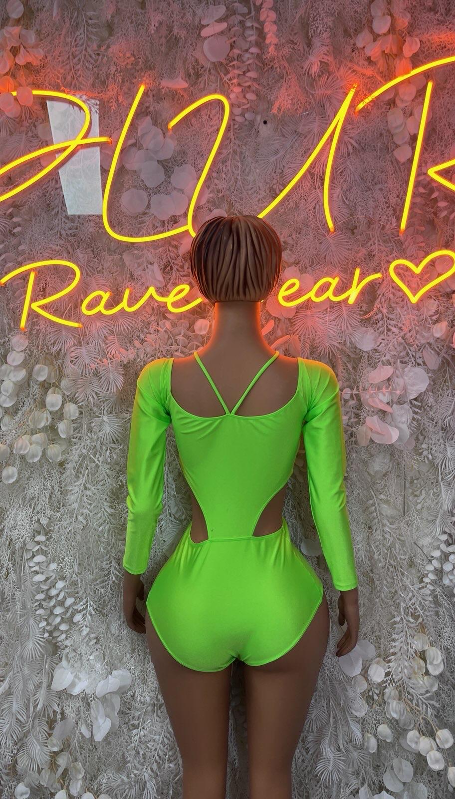 Neon green long-sleeve bodysuit with open back cutout and crisscross straps
