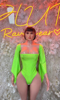 Neon green rave bodysuit with square neckline and flare sleeves, front view