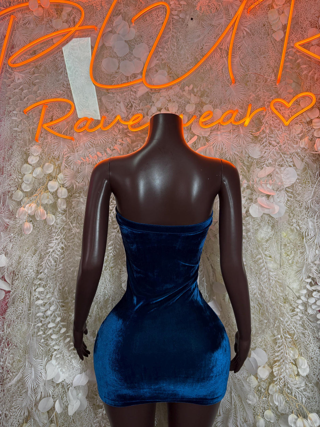 Blue velvet one-piece dress, strapless fitted back view
