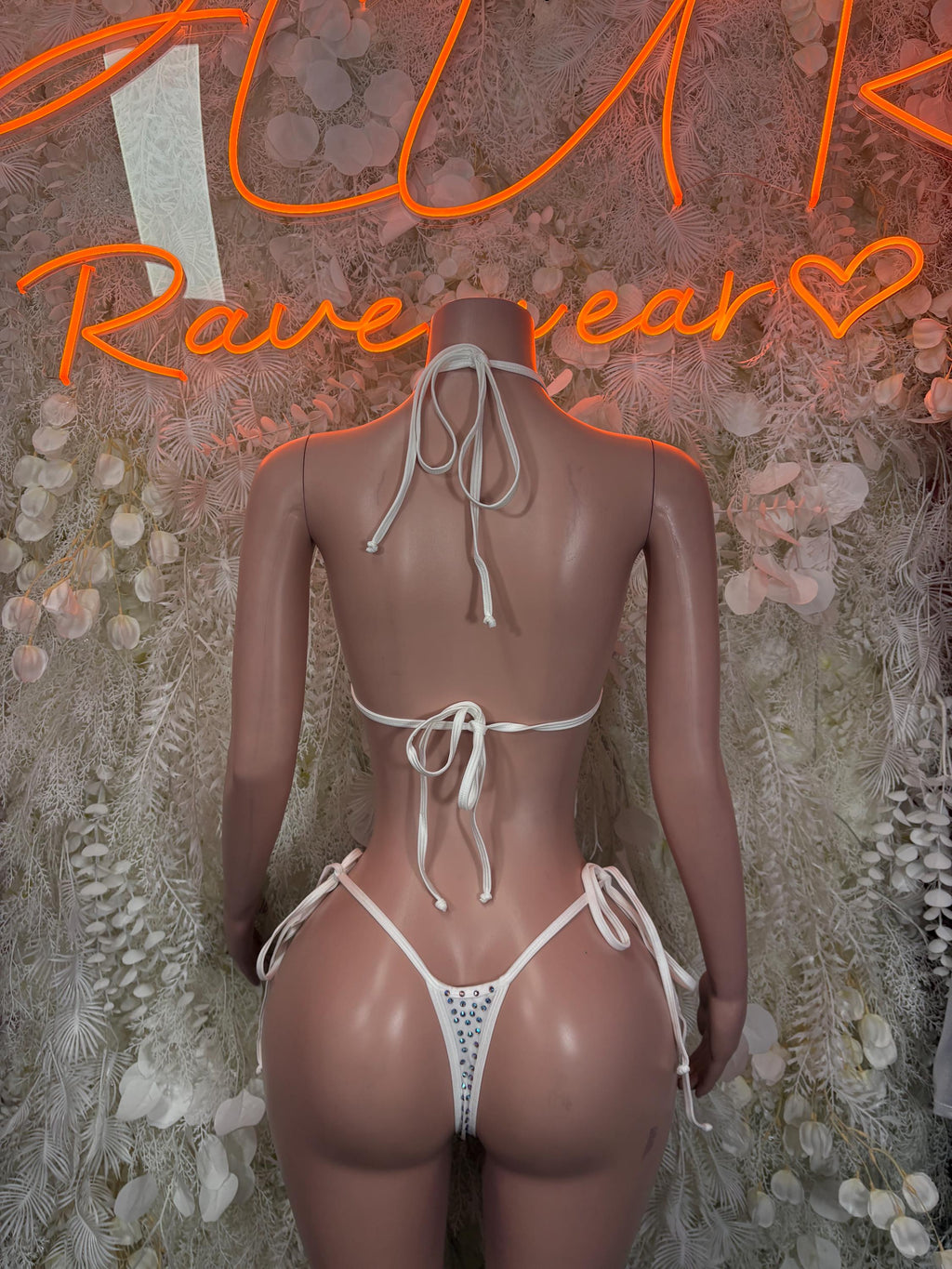 White rhinestone triangle bikini set with back tie strings