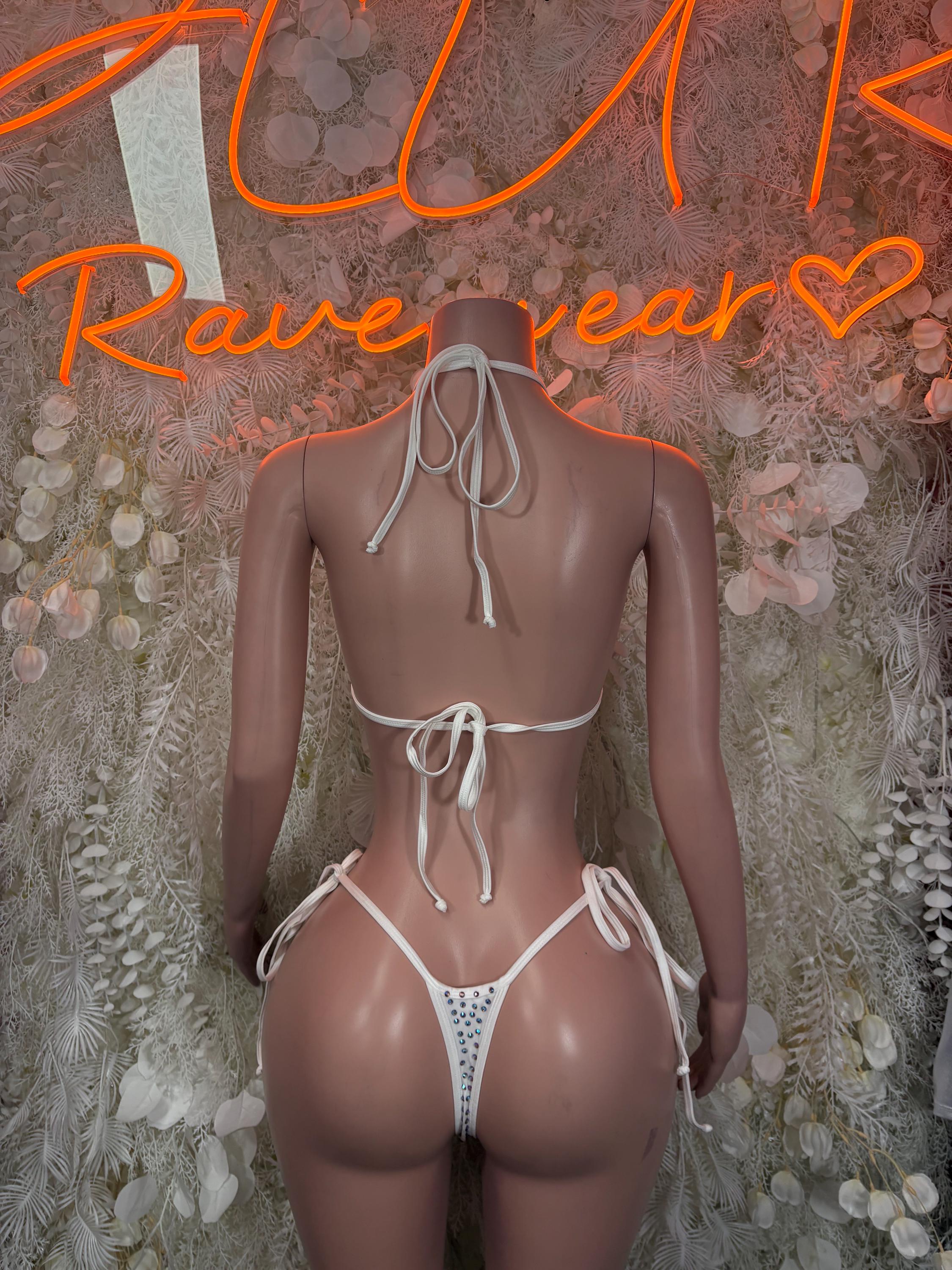 White rhinestone triangle bikini set with back tie strings