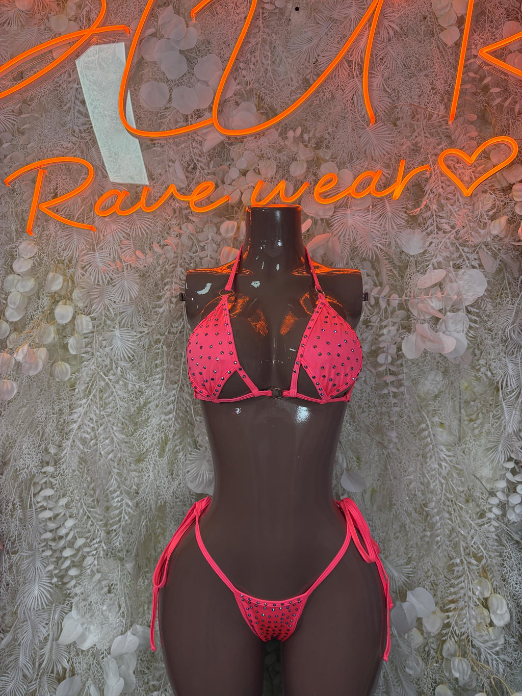 Coral rhinestone bikini set with triangle bra cups and matching string bikini bottoms