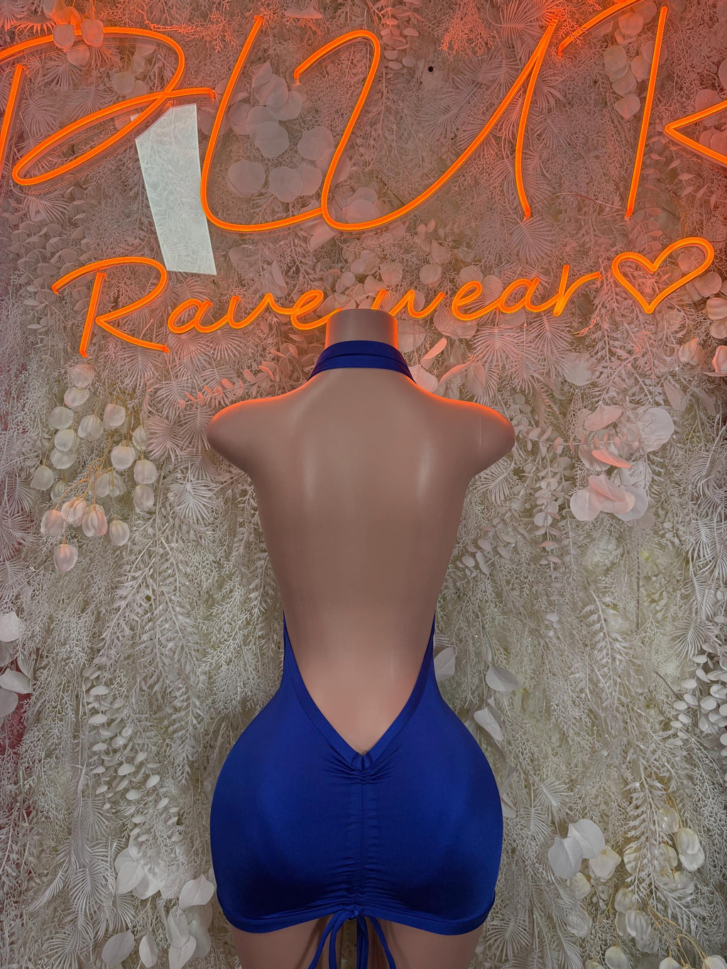 Royal blue halter mini dance dress, open back and tied neck detail