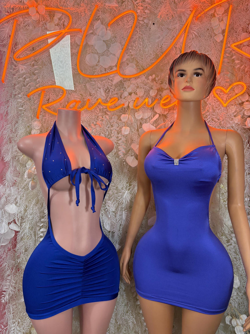 Royal blue halter mini dance dress on two models, draped front and ruched skirt