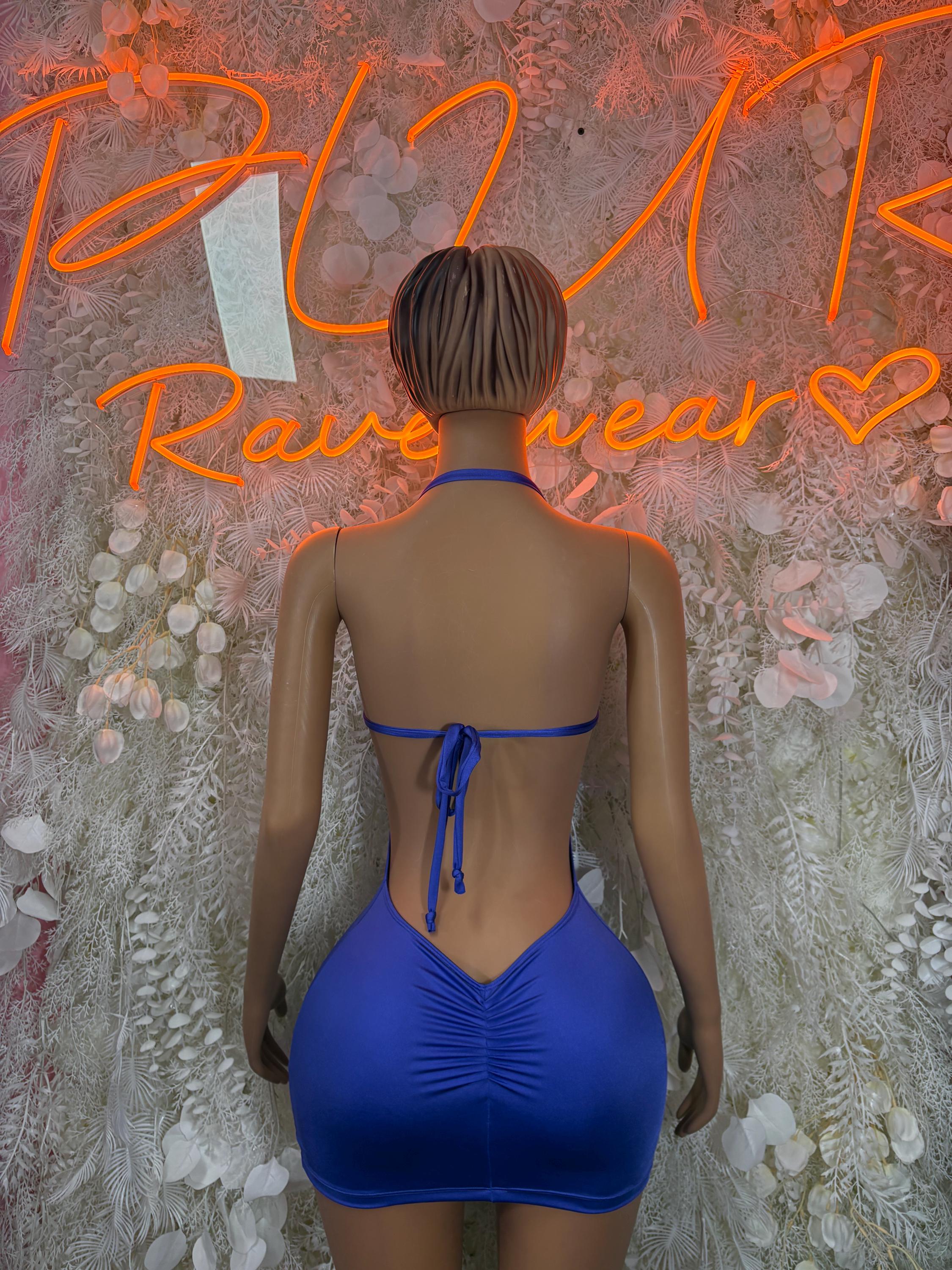 Blue ruched backless mini dress with halter ties and open back