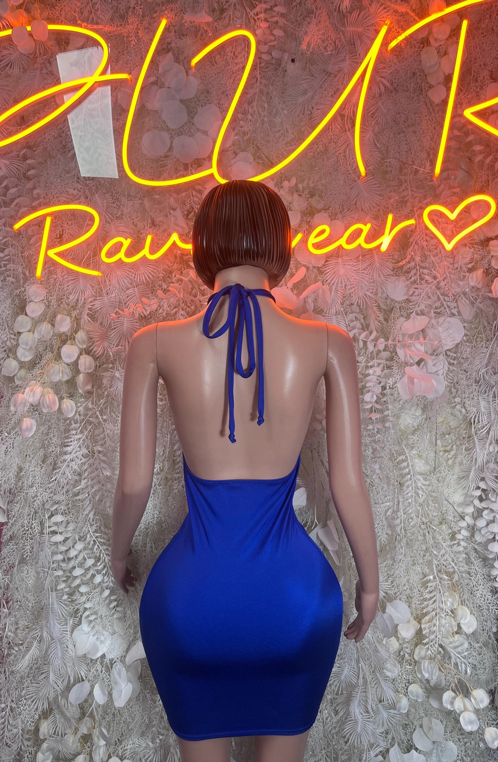 Blue backless halter mini dress with tie straps and ruched gathered skirt
