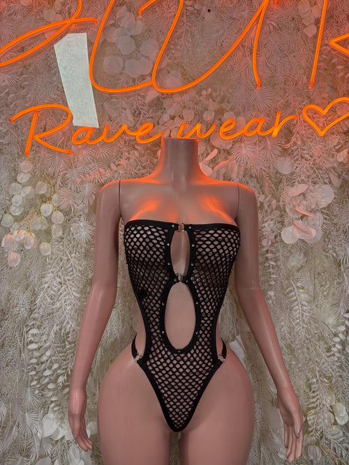 Black fishnet festival bodysuit with high-cut legs and oval front cutout