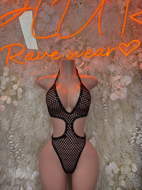Black fishnet bodysuit with V-neck and high-cut front, thong-style bottom