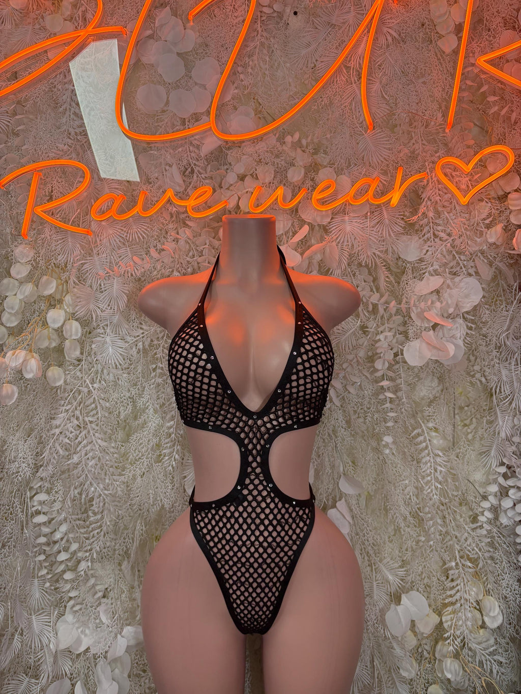 Black Fishnet Festival Bodysuit – One-Piece for Women, Rave & Exotic Dance Wear, Clubwear Outfit