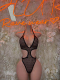 Black Fishnet Festival Bodysuit – One-Piece for Women, Rave & Exotic Dance Wear, Clubwear Outfit
