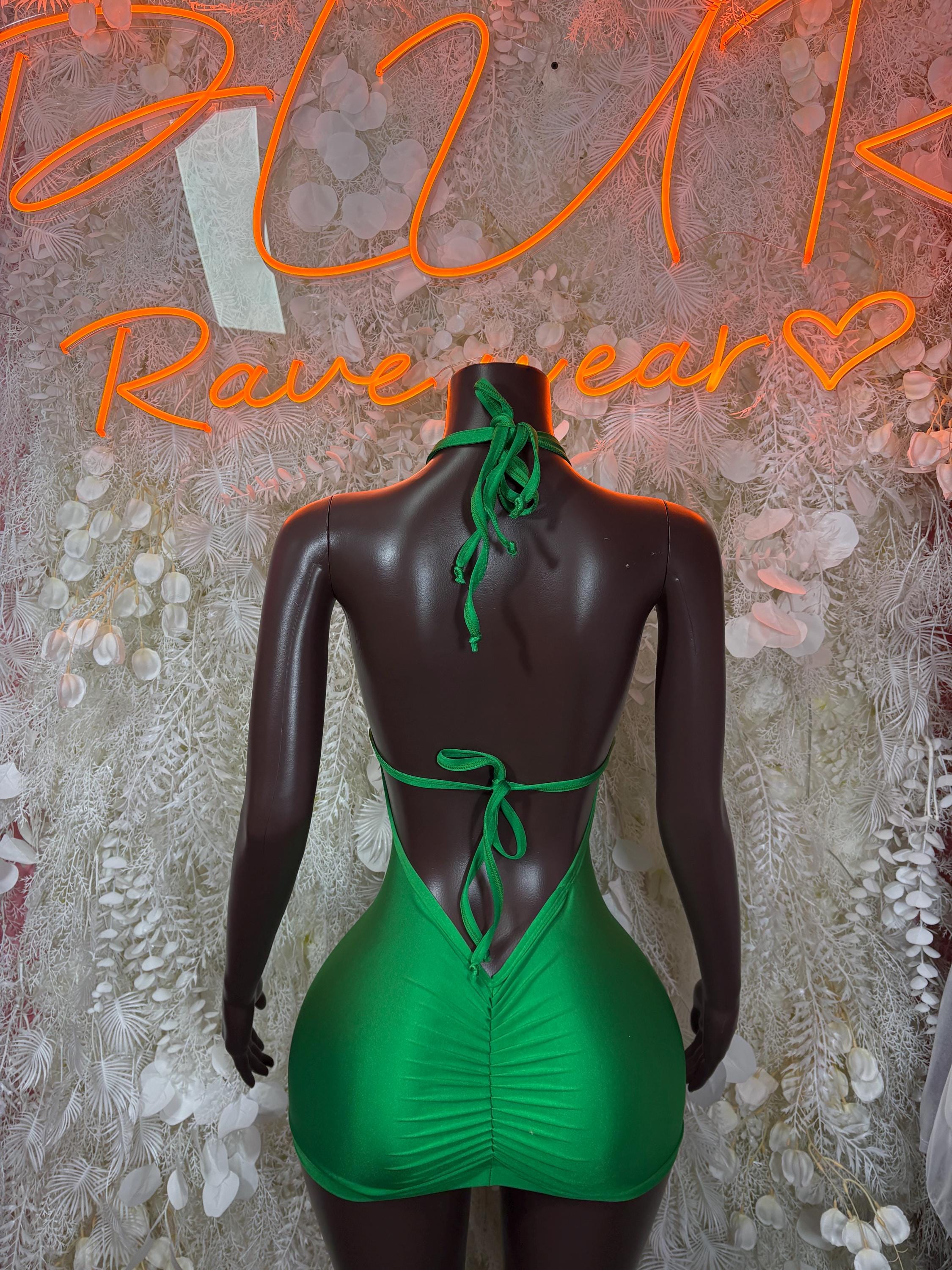 Green mini bodysuit dress, crisscross lace-up open back with shoulder tassels