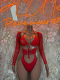 Red heart bodysuit with long sleeves, lace-up front and V-neck