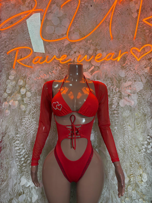 Red heart bodysuit with long sleeves, lace-up front and V-neck