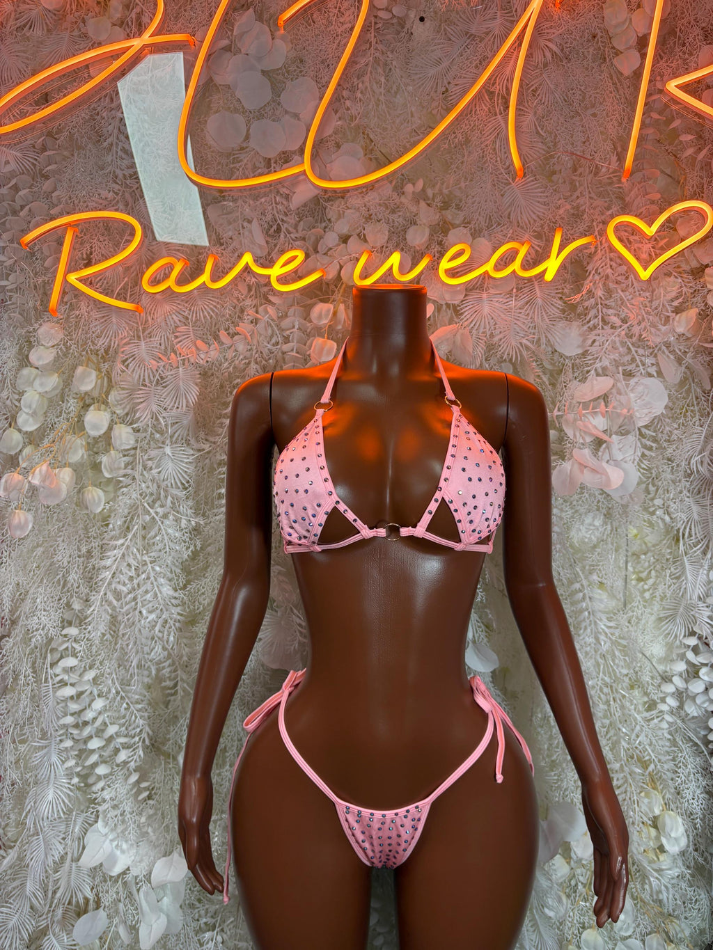 Pink rhinestone triangle bikini set with tie straps and back string closure