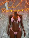 Pink rhinestone triangle bikini set with tie straps and back string closure