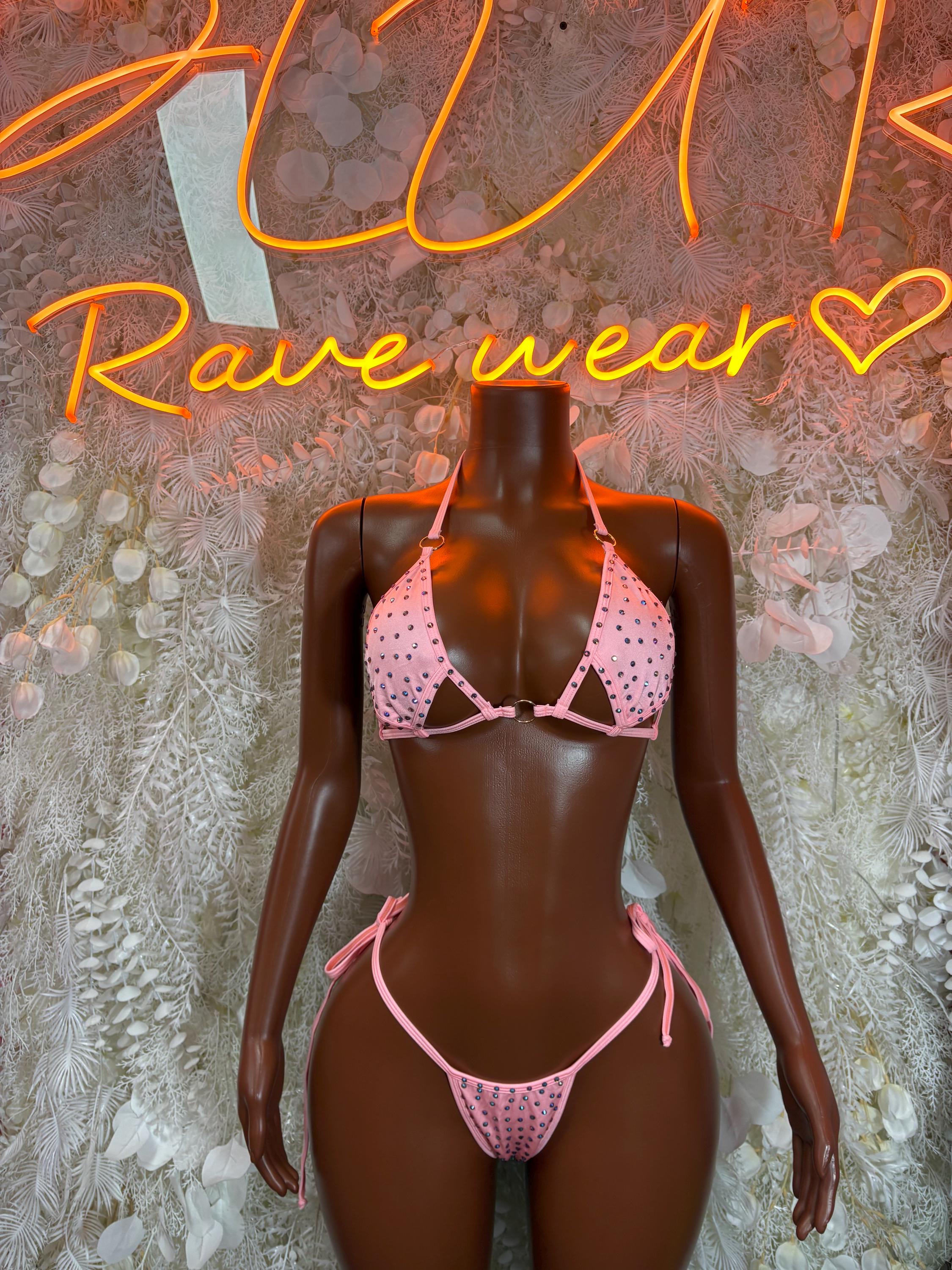 Pink rhinestone triangle bikini set with tie straps and back string closure