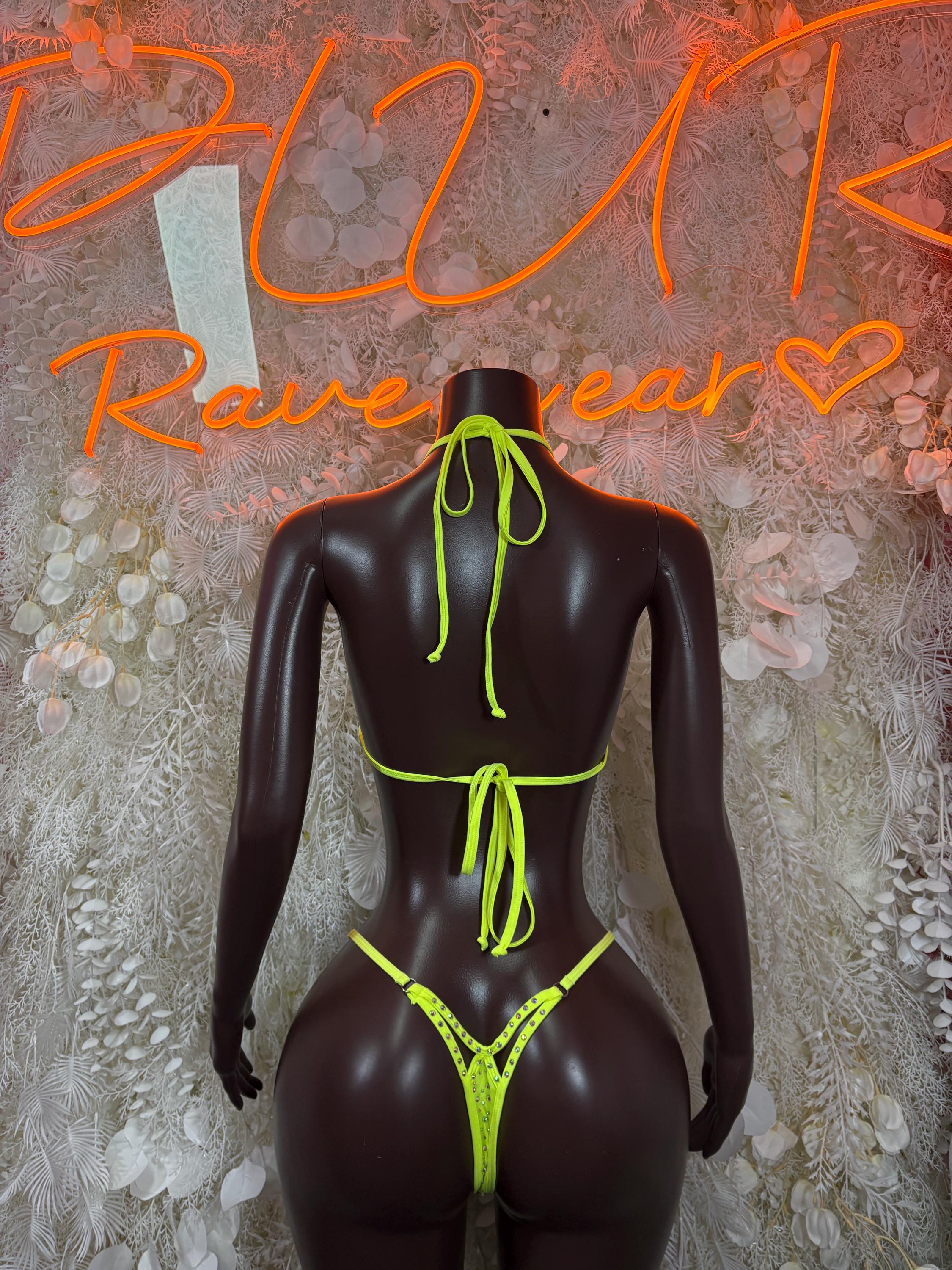 Neon green rhinestone bikini set with back-tie straps and thong bottoms