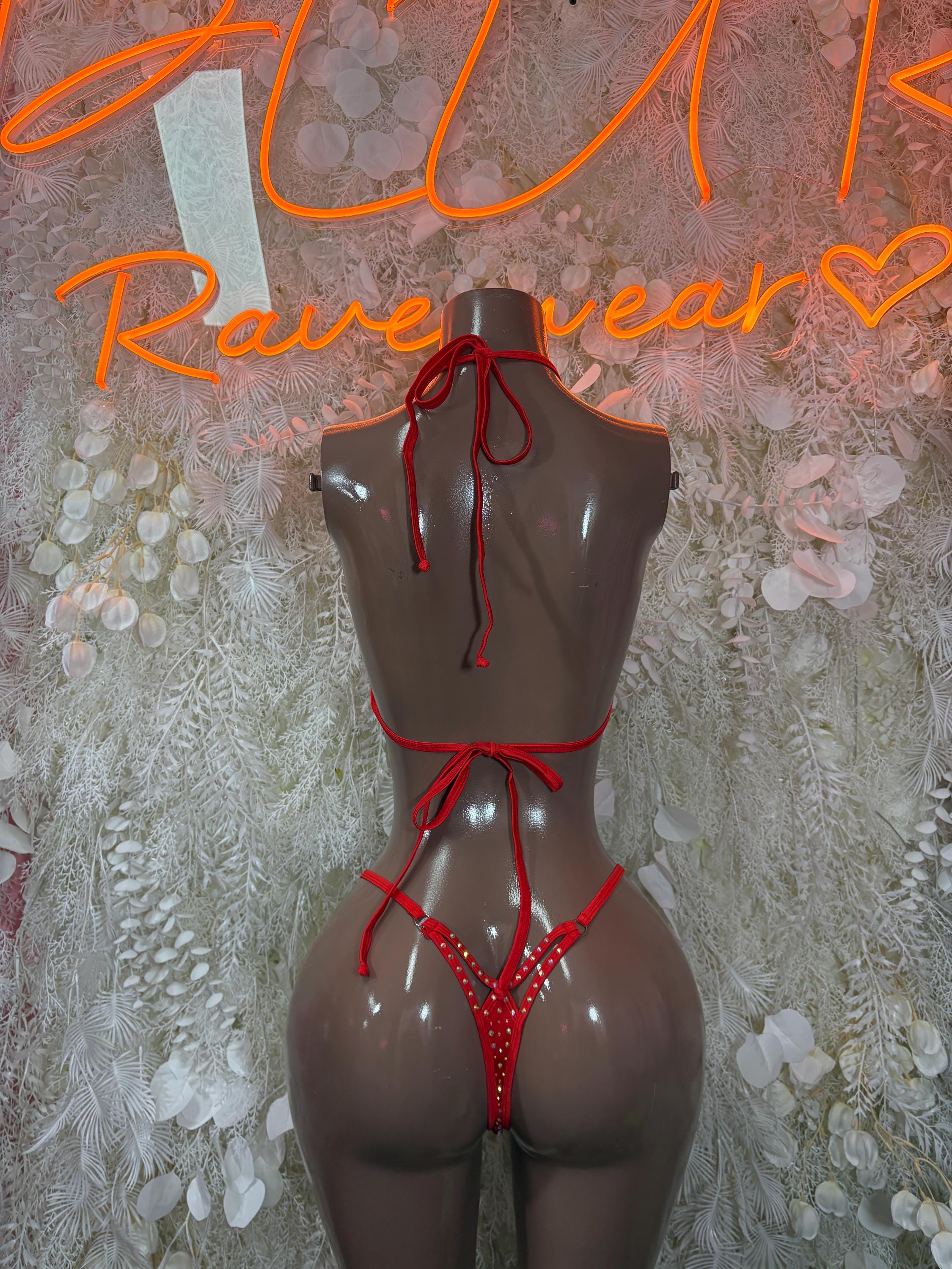 Red rhinestone bikini set with tied halter straps and thong bottom
