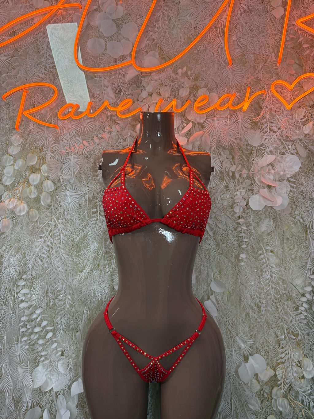 Red rhinestone bikini set with triangle top and string thong bottoms